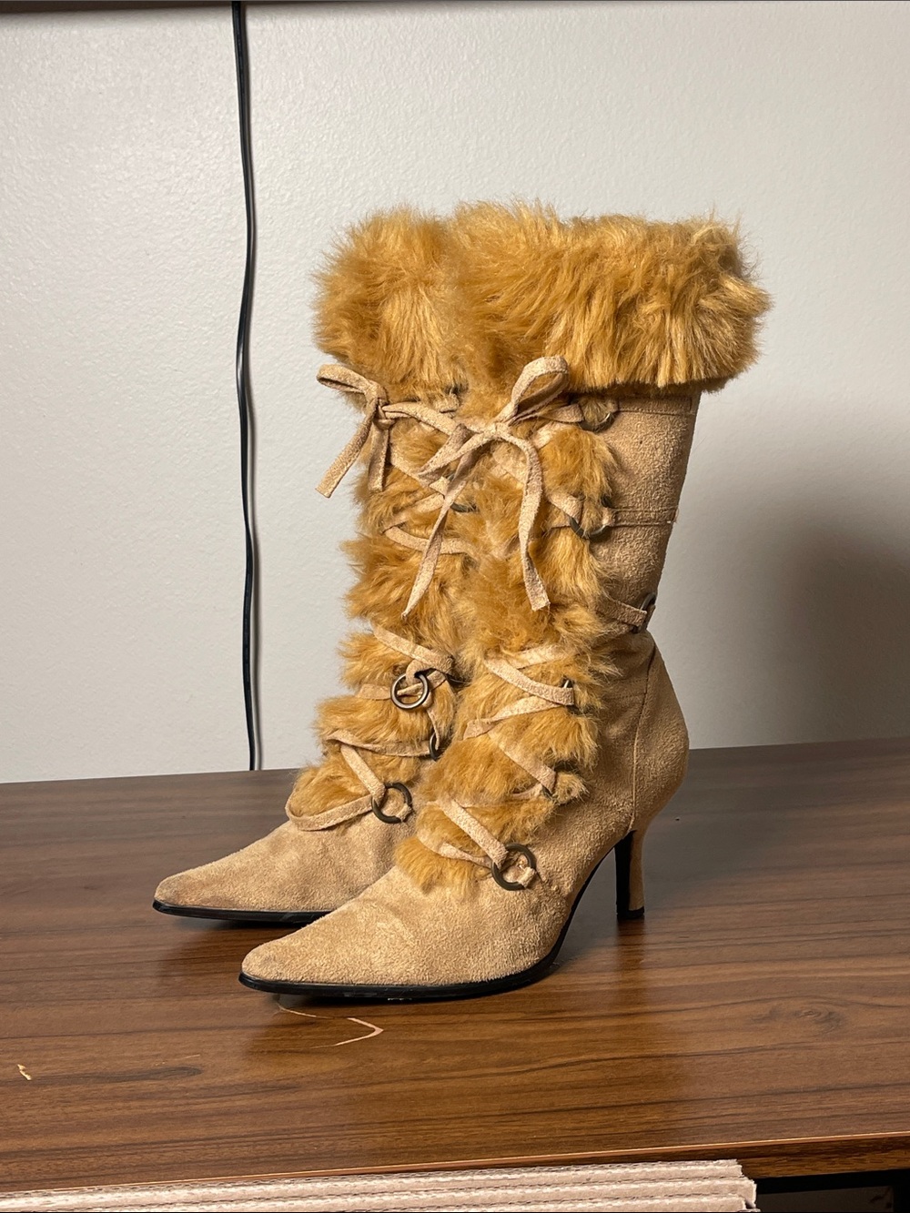 Faux Fur Trim Tan Suede Mid-Calf Heeled Boots